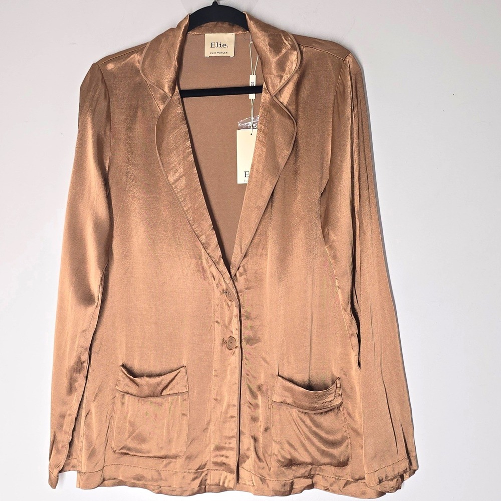 Elie‎ Tahari Elie Satin Blazer Walnut Brown Rayon Soft Minimalist Chic SP NWT